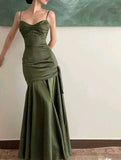Sexy Mermaid Straps Green Party Dresses Satin Long Prom Dresses HZ1022