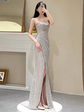 Simple Mermaid Sequin Party Dresses Long Slit Prom Dresses HZ1022