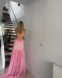 A line Pink Backless Evening Party Dress Long Pink Prom Dress HZ1022