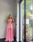 A line Pink Backless Evening Party Dress Long Pink Prom Dress HZ1022