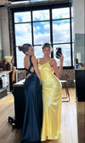 Mermaid Yellow Silk Satin Evening Party Dress Long Backless Prom Dress HZ1022