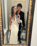 A line Ivory Backless Evening Party Dress Long Halter Prom Dress HZ1022