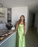 Sexy A line Straps Sage Green Party Dress Long Slit Prom Dress HZ1022