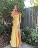 Sexy A line Spaghetti Straps Yellow Party Dress Slit Prom Dress HZ1022