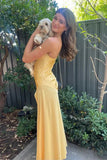 Sexy A line Spaghetti Straps Yellow Party Dress Slit Prom Dress HZ1022