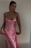 Simple A line Straps Sleeveless Party Dress Silk Satin Pink Prom Dress HZ1022