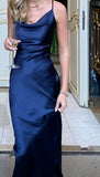 Sexy Sheath Sleeveless Party Dress Navy Blue Silk Satin Prom Dress HZ1022