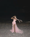 Sexy A line Sweetheart Sleeveless Party Dress Pink Slit Flowers Prom Dress HZ1022