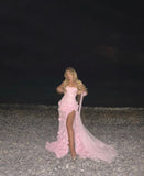 Sexy A line Sweetheart Sleeveless Party Dress Pink Slit Flowers Prom Dress HZ1022