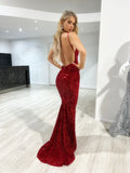 Sexy Red Mermaid Sequin Backless Long Party Prom Dresses HZ1022