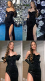 Sexy Mermaid Sequin Black Slit Long Party Prom Dresses With Feather HZ1022