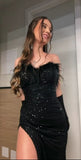 Sexy Mermaid Sequin Black Slit Long Party Prom Dresses With Feather HZ1022