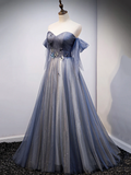 Blue Sweetheart Tulle with Lace Party Dress Prom Dress HZ1022