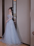 A line Off The Shoulder Tulle Gray Party Dresses Long Prom Dresses HZ1022
