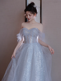 A line Off The Shoulder Tulle Gray Party Dresses Long Prom Dresses HZ1022