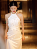 Simple Mermaid Halter Party Dresses Long White Prom Dresses HZ1022