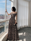 Simple A line Off The Shoulder Sequin Party Dresses Long Black Prom Dresses HZ1022