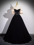 A line Off The Shoulder Evening Party Dress Satin Black Prom Dress HZ1022