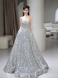 A line Straps Evening Party Dress Sequin Long Prom Dress HZ1022