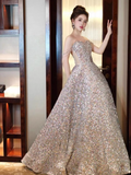 A line Straps Evening Party Dress Sequin Long Prom Dress HZ1022