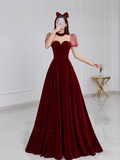 A line Burgundy Evening Party Dress Velvet Long Prom Dress HZ1022