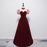 A line Burgundy Evening Party Dress Velvet Long Prom Dress HZ1022