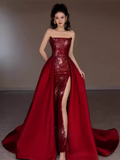 Sexy Mermaid Strapless Sleeveless Party Dress Red Long Prom Dress HZ1022