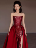 Sexy Mermaid Strapless Sleeveless Party Dress Red Long Prom Dress HZ1022
