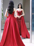Sexy Mermaid Strapless Sleeveless Party Dress Red Long Prom Dress HZ1022
