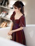 A Line Square Party Dress Knee Length Burgundy Prom Dress HZ1022