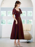 A Line Square Party Dress Knee Length Burgundy Prom Dress HZ1022