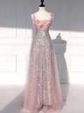 Princess A Line Straps Party Dress Sequin Pink Prom Dress HZ1022