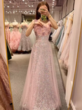 Princess A Line Straps Party Dress Sequin Pink Prom Dress HZ1022
