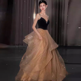 Ball Gown Straps Tulle Champagne Party Dress Long Prom Dress HZ1022