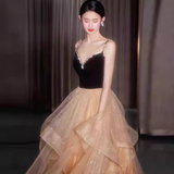 Ball Gown Straps Tulle Champagne Party Dress Long Prom Dress HZ1022