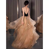 Ball Gown Straps Tulle Champagne Party Dress Long Prom Dress HZ1022