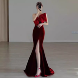 Mermaid Straps Velvet Red Party Dress Long Slit Prom Dress HZ1022
