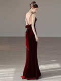 Mermaid Straps Velvet Red Party Dress Long Backless Prom Dress HZ1022