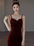 Mermaid Straps Velvet Red Party Dress Long Backless Prom Dress HZ1022