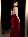 Mermaid Straps Velvet Red Party Dress Long Backless Prom Dress HZ1022