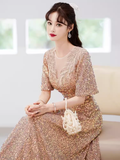 A line Sequin Gold Party Dress Long Prom Dress HZ1022