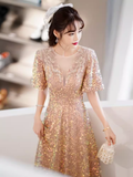 A line Sequin Gold Party Dress Long Prom Dress HZ1022