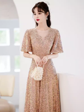 A line Sequin Gold Party Dress Long Prom Dress HZ1022