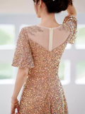 A line Sequin Gold Party Dress Long Prom Dress HZ1022