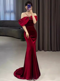 Mermaid Halter Red Velvet Party Dress Long Prom Dress HZ1022
