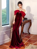 Mermaid Halter Red Velvet Party Dress Long Prom Dress HZ1022