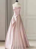 A line Strapless Pink Party Dress Long Satin Prom Dress HZ1022