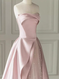 A line Strapless Pink Party Dress Long Satin Prom Dress HZ1022