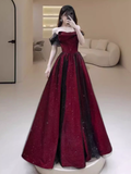 A line Strapless Black Party Dress Long Burgundy Prom Dress HZ1022