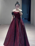 A line Strapless Black Party Dress Long Burgundy Prom Dress HZ1022
